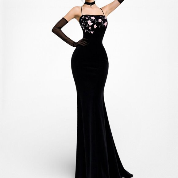 American Vintage Dresses & Skirts - Vintage Black Pink Floral Beaded Embroidered Velvet Bodycon Maxi Prom Dress
